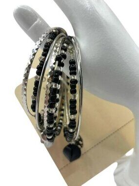 Sonoma - 9 Piece Bangle Bracelet Set Silver Tone Black Beads Charms